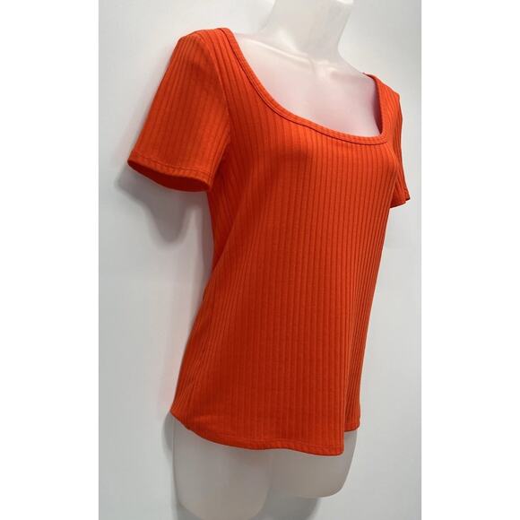 NWT Loft Short Sleeve Shirt Women Medium Orange Scoop Neck Ribbed Stretch Casual - Picture 3 of 8